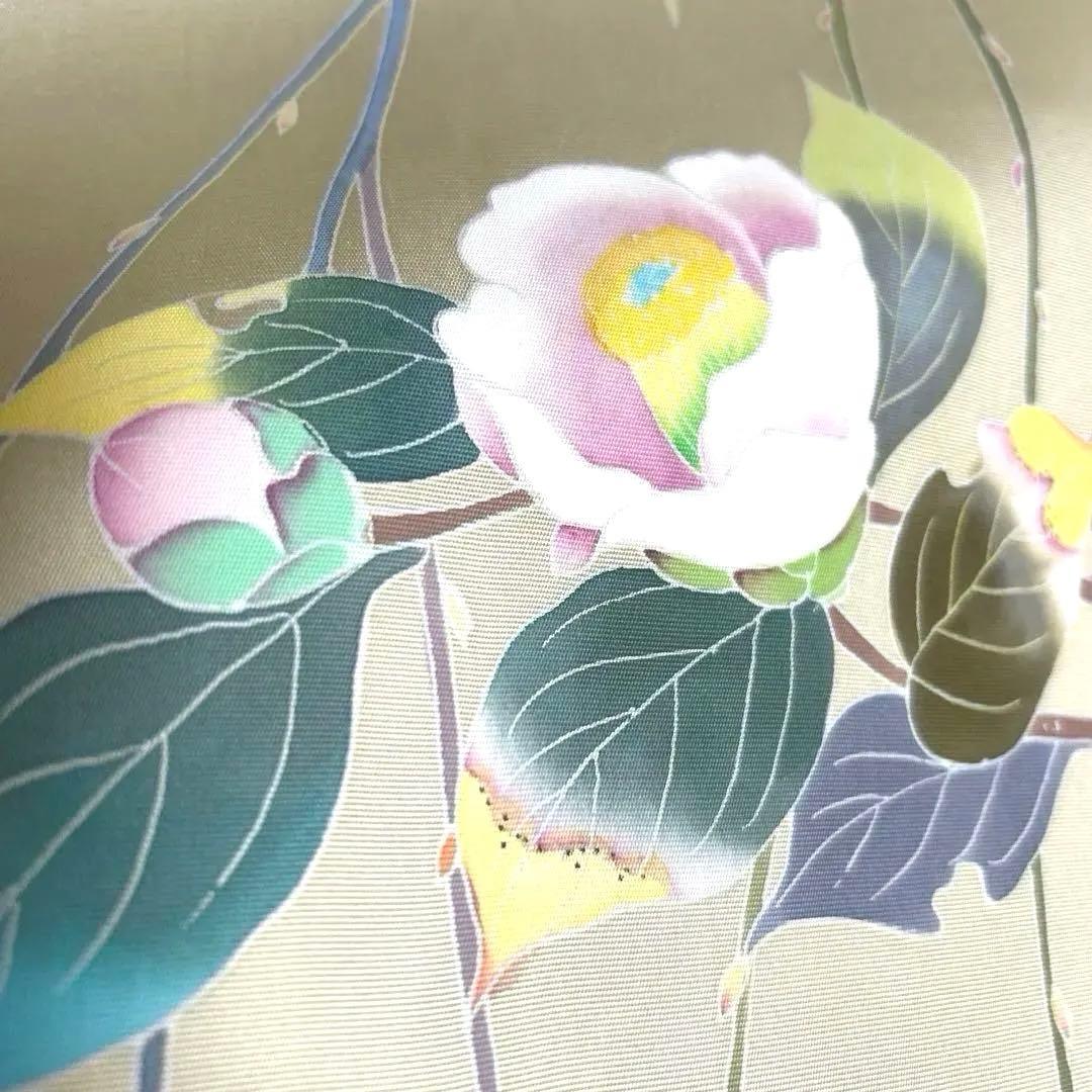 正絹　作家落款あり　名古屋帯【塩瀬　友禅染】《椿　ねこやなぎ》