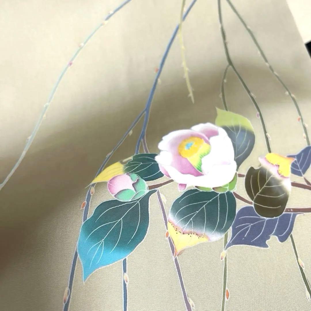 正絹　作家落款あり　名古屋帯【塩瀬　友禅染】《椿　ねこやなぎ》