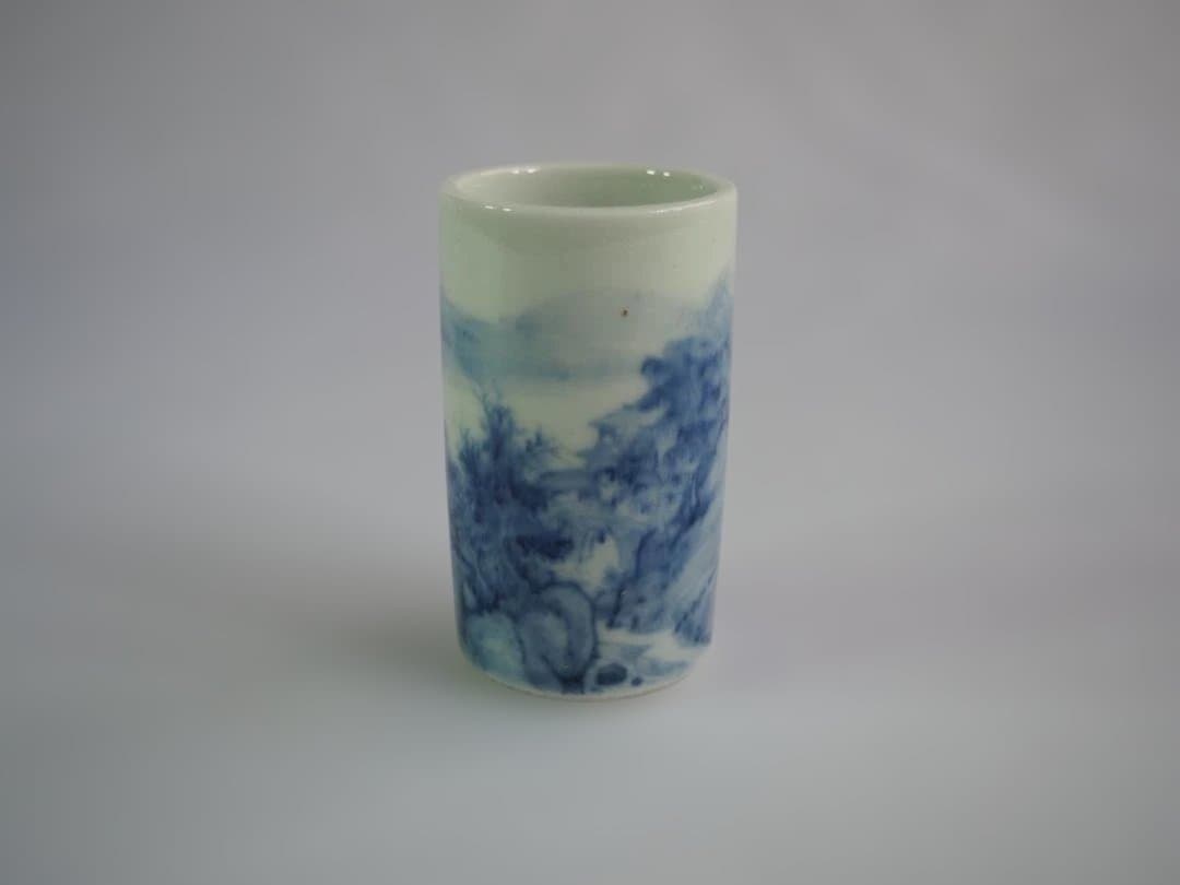 初代大丸北峰造『染付山水絵茶巾筒』（共箱）