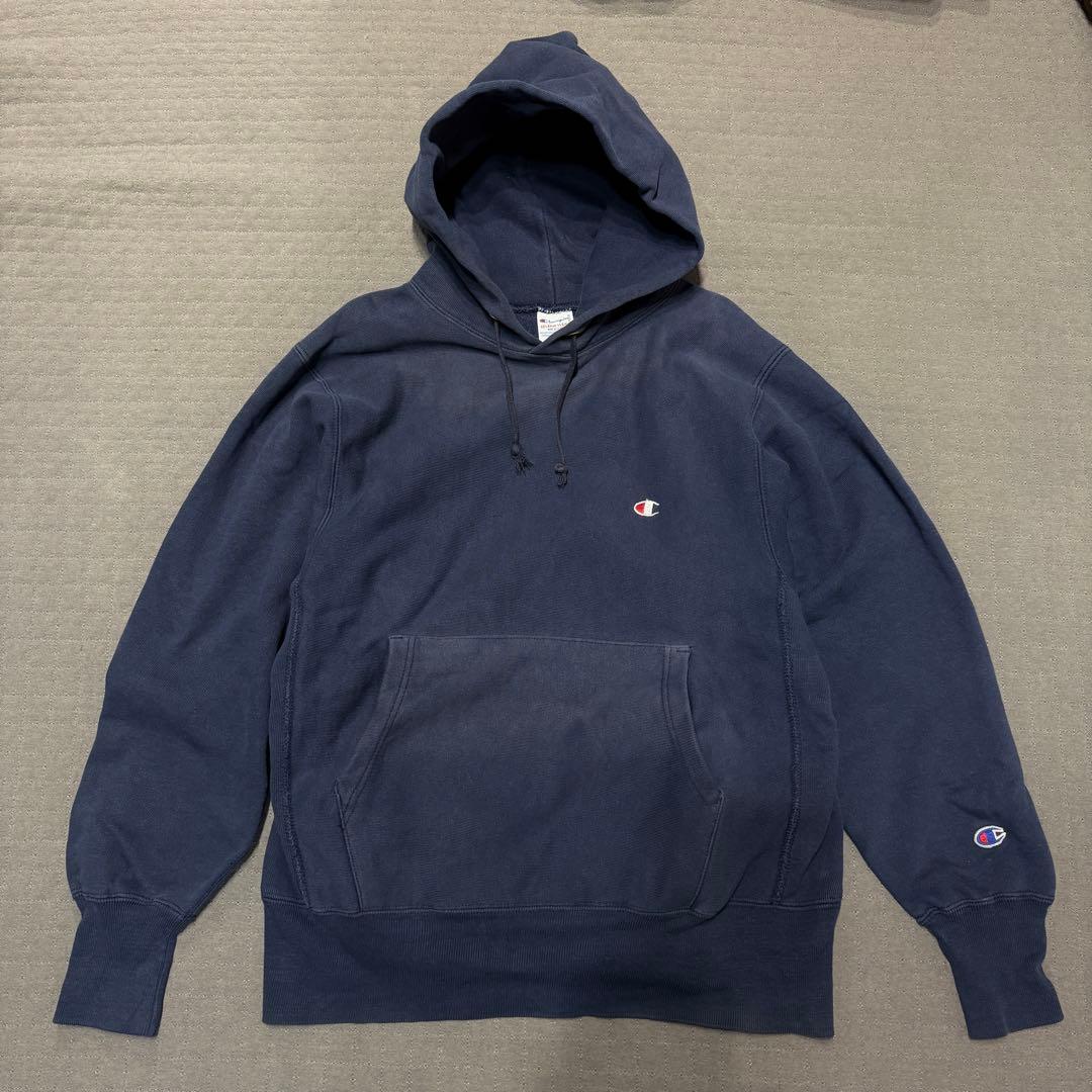 90s USA製 リバースウィーブ パーカー チャンピオン ネイビー スウェット