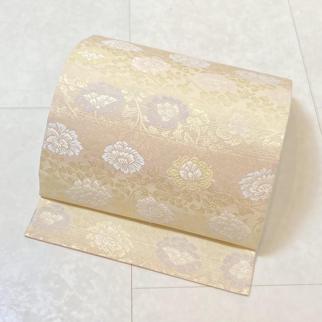 未使用 新小石丸 西陣織 牡丹唐草 袋帯 金 クリーム ピンク 紫 水色 700