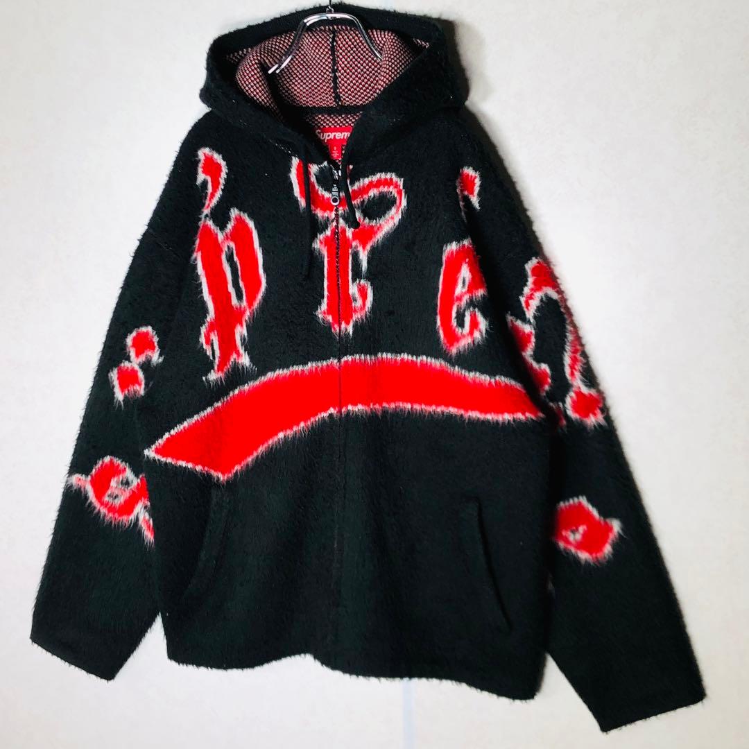 【人気デザイン】シュプリーム アクリル ジップアップ フーディー 黒 赤 M相当