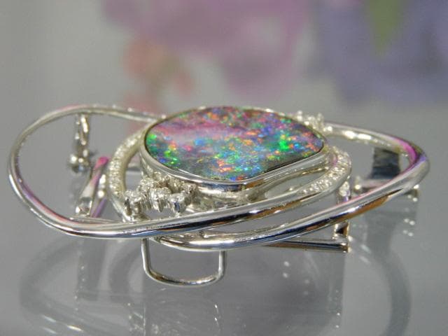 天然ボルダーオパール ダイヤ入 K18WG K14WGブローチ 帯留 ユーズド品