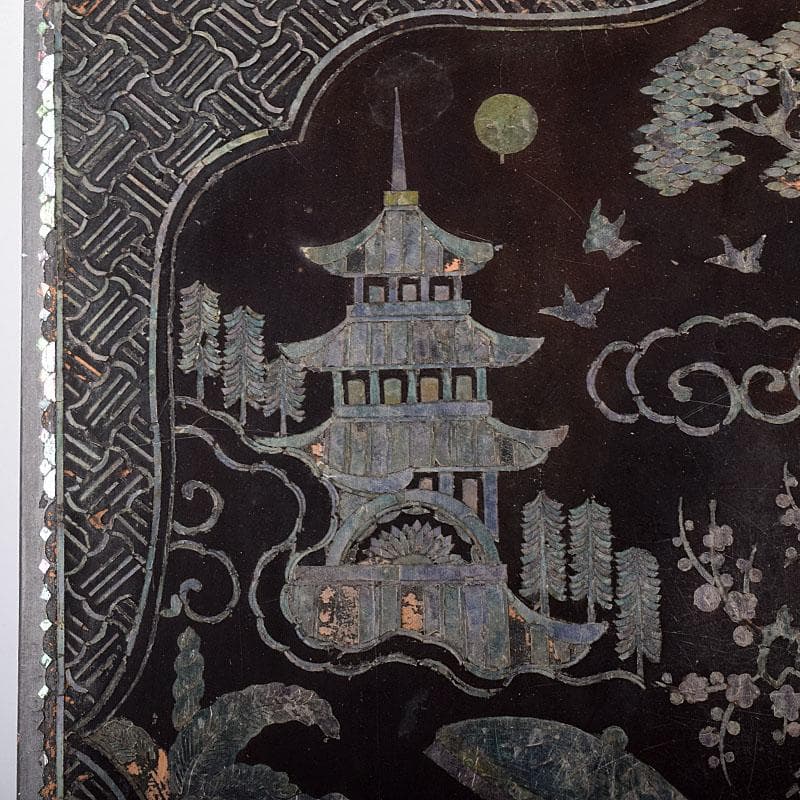 さき　中国　黒漆　螺鈿装飾山水人物文　硯箱　硯　墨　水滴一式　GR8428