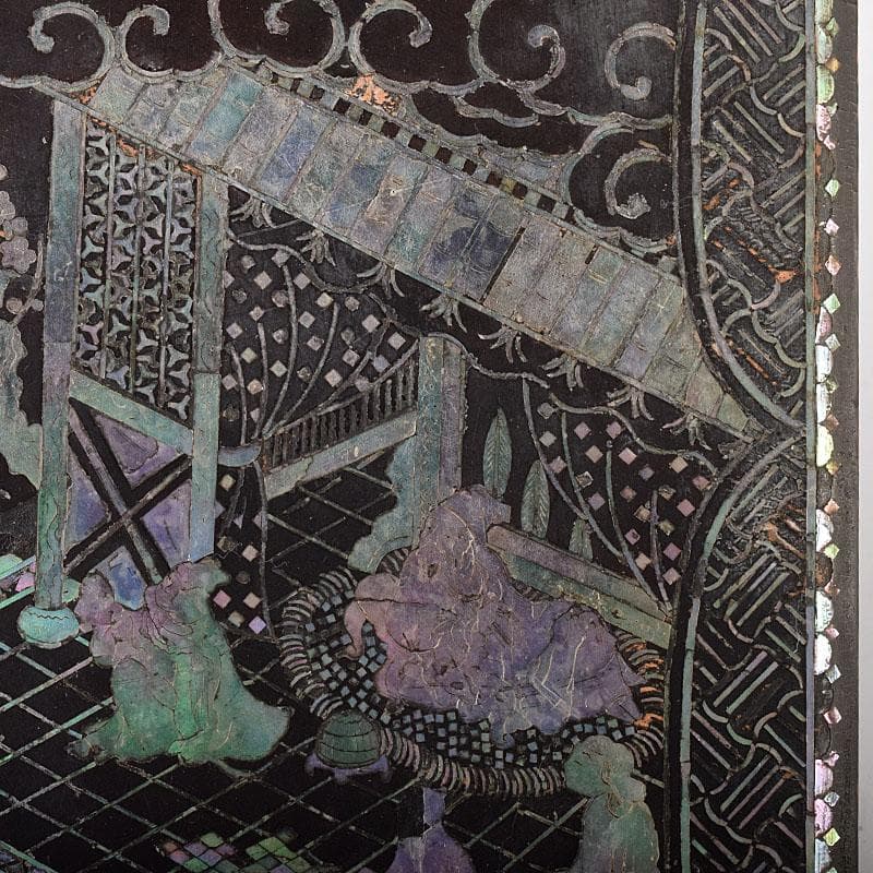 さき　中国　黒漆　螺鈿装飾山水人物文　硯箱　硯　墨　水滴一式　GR8428