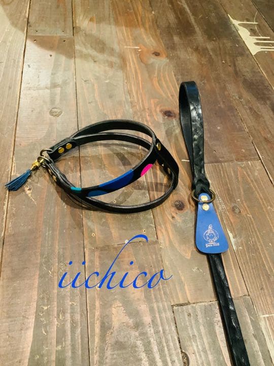 犬用リード＆ハーネス2点SET！Black革Blue系マルチドット