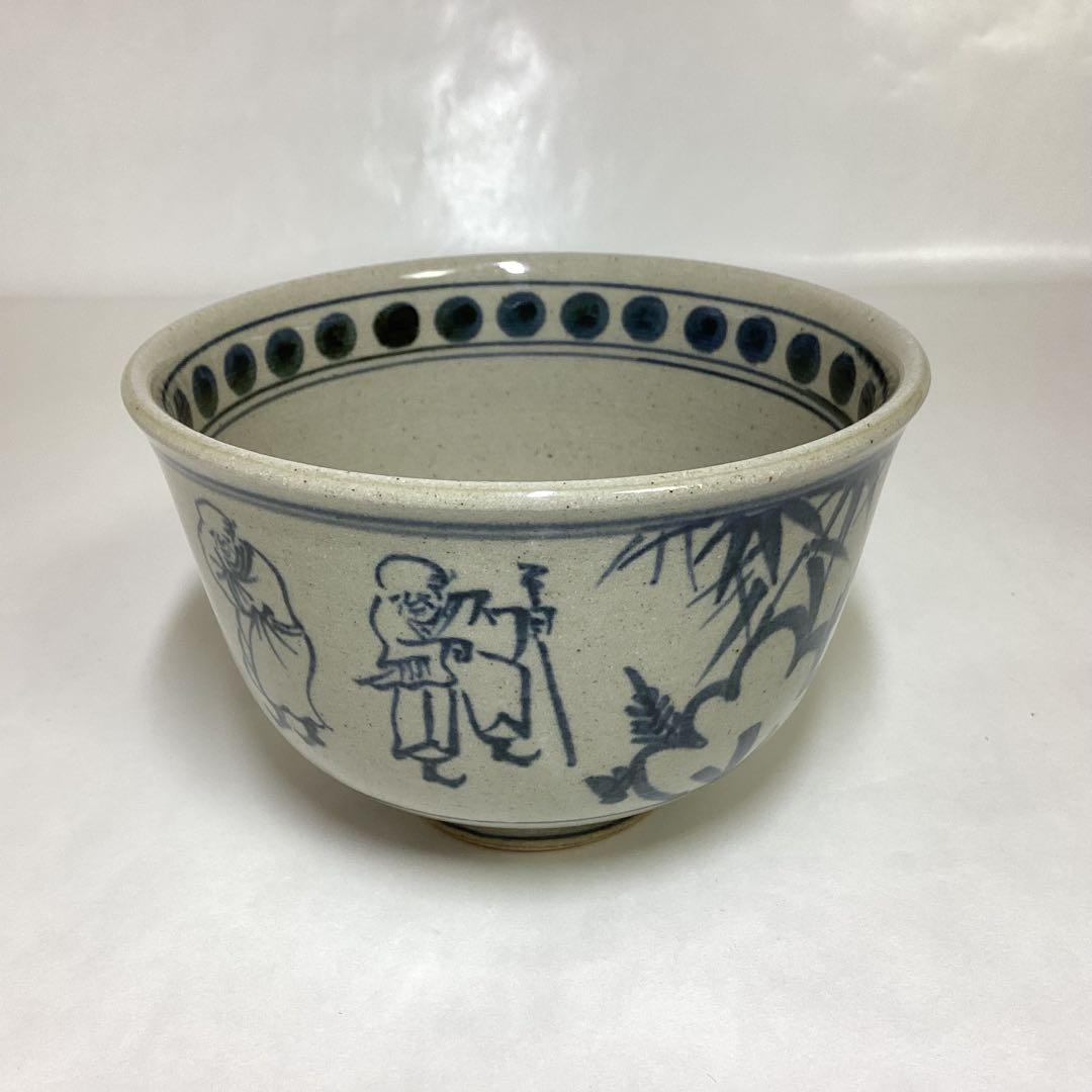 茶碗 安南写 七賢人の絵「円に福」膳所焼 陽炎園 木箱入 茶道具 古物品
