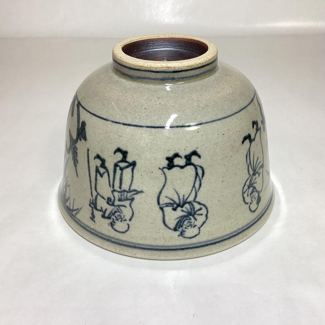 茶碗 安南写 七賢人の絵「円に福」膳所焼 陽炎園 木箱入 茶道具 古物品