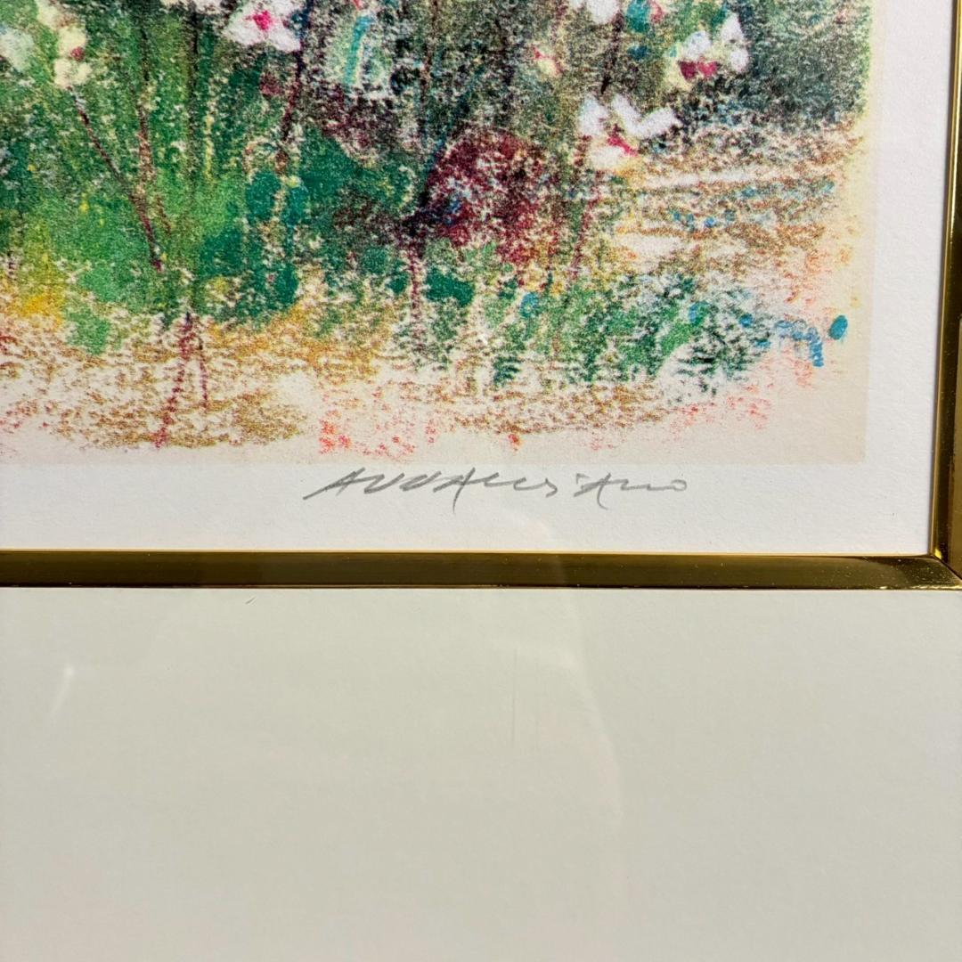 美品 ナターレ・アダミアーノ「白い花畑」リトグラフ 直筆サイン入り お洒落な額装