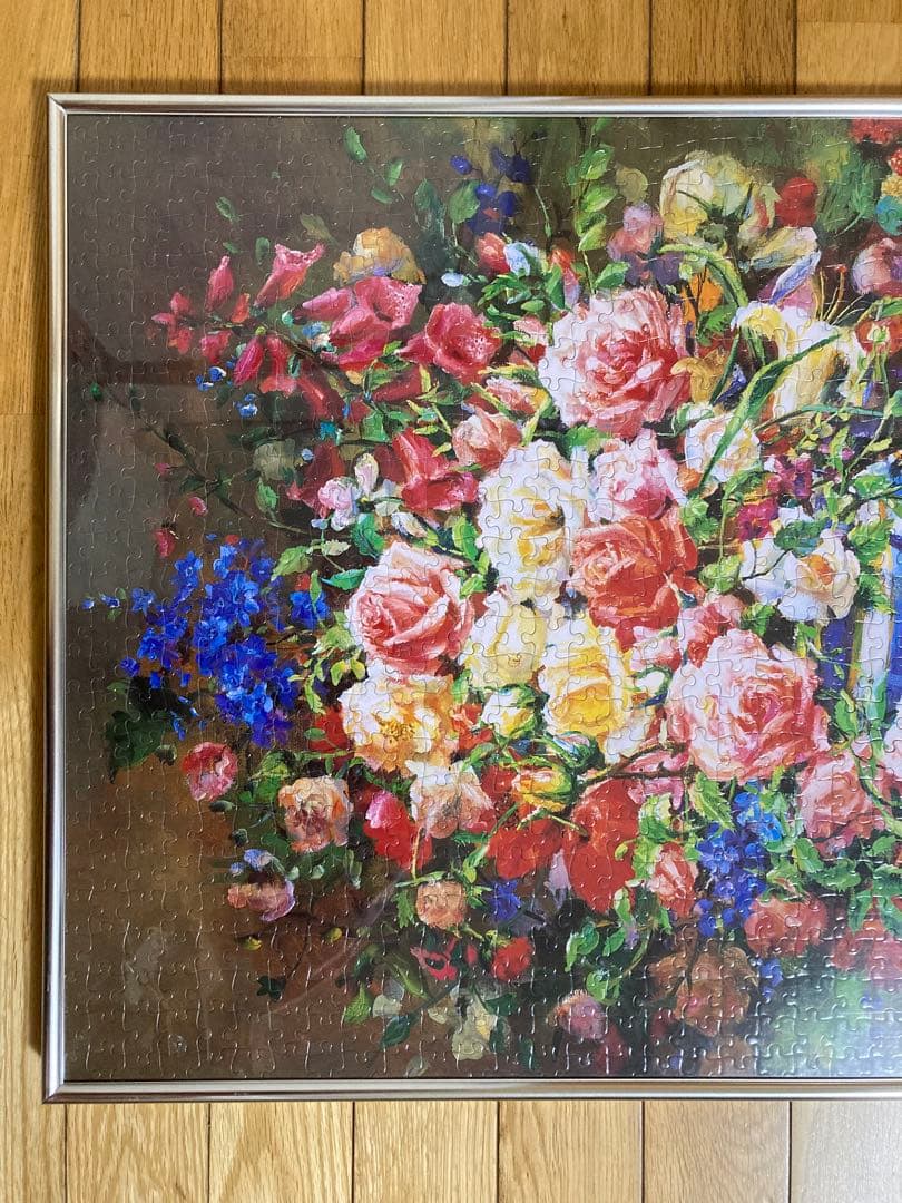 千P④花瓶もれでる花ジグソーパズル　アルミ額50×75㎝完成品　油絵　作名　美品