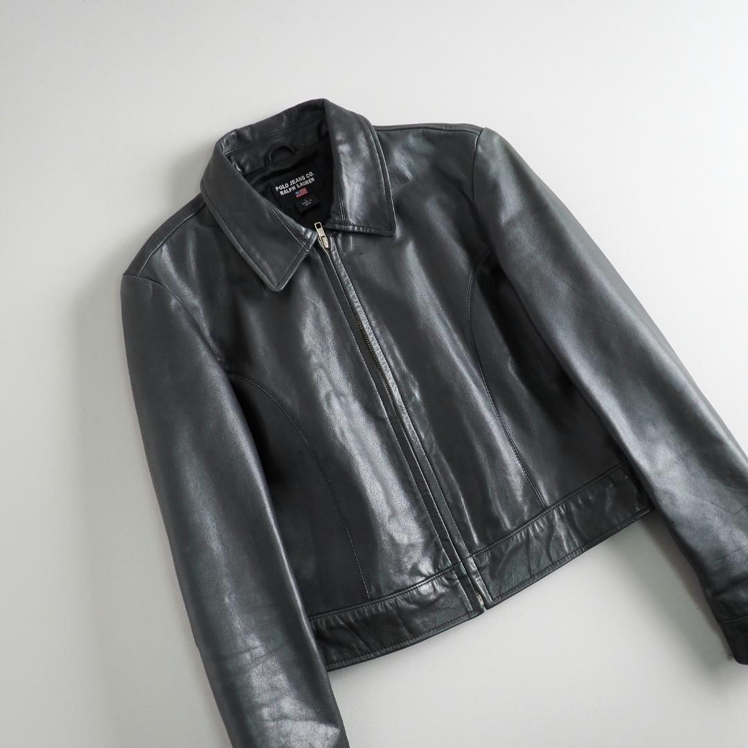 ラルフローレン　レザージャケット　シングルライダース　本革　緑青色　美品