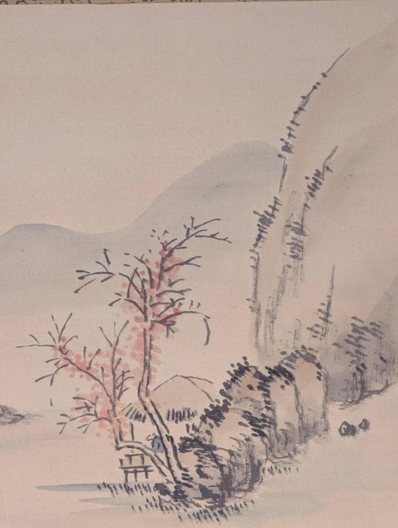 【真作】掛軸　詩賛山水小景図　文人趣の墨彩画　静謐な風景と賛句　合箱入　T112