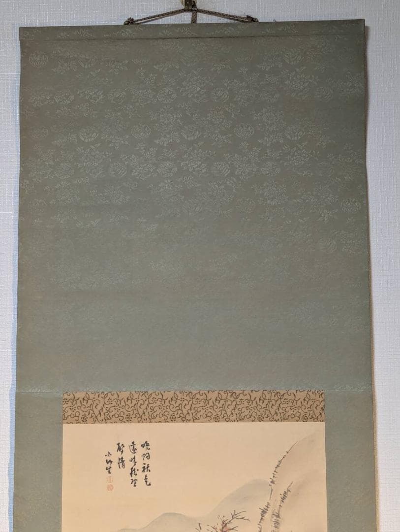 【真作】掛軸　詩賛山水小景図　文人趣の墨彩画　静謐な風景と賛句　合箱入　T112