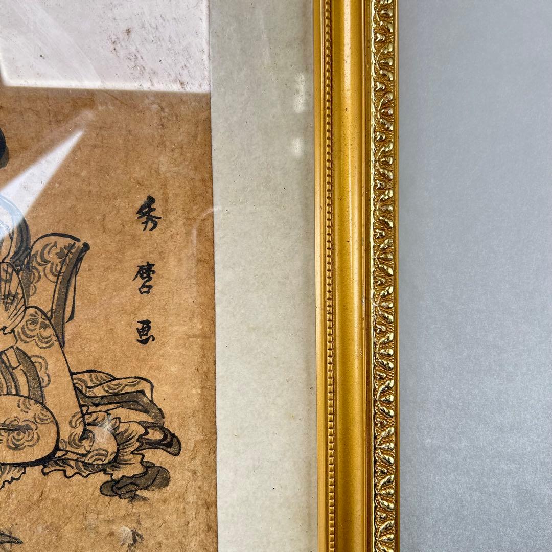 木版画 亀と女性 金色フレーム付き