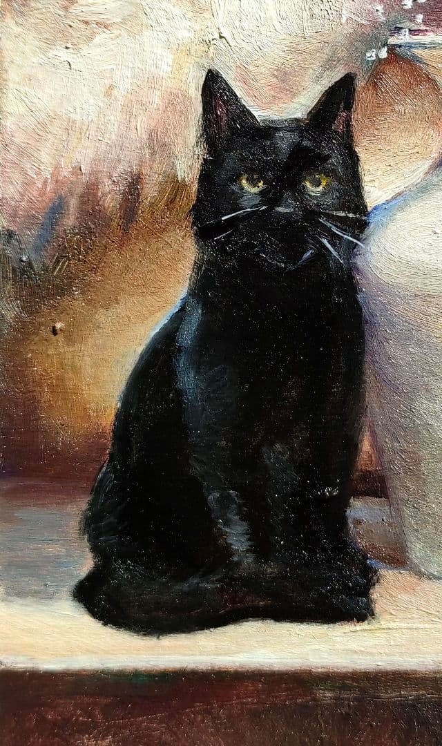 黒猫と花　静物画　原画　ミニ絵画　手描き　オリジナル