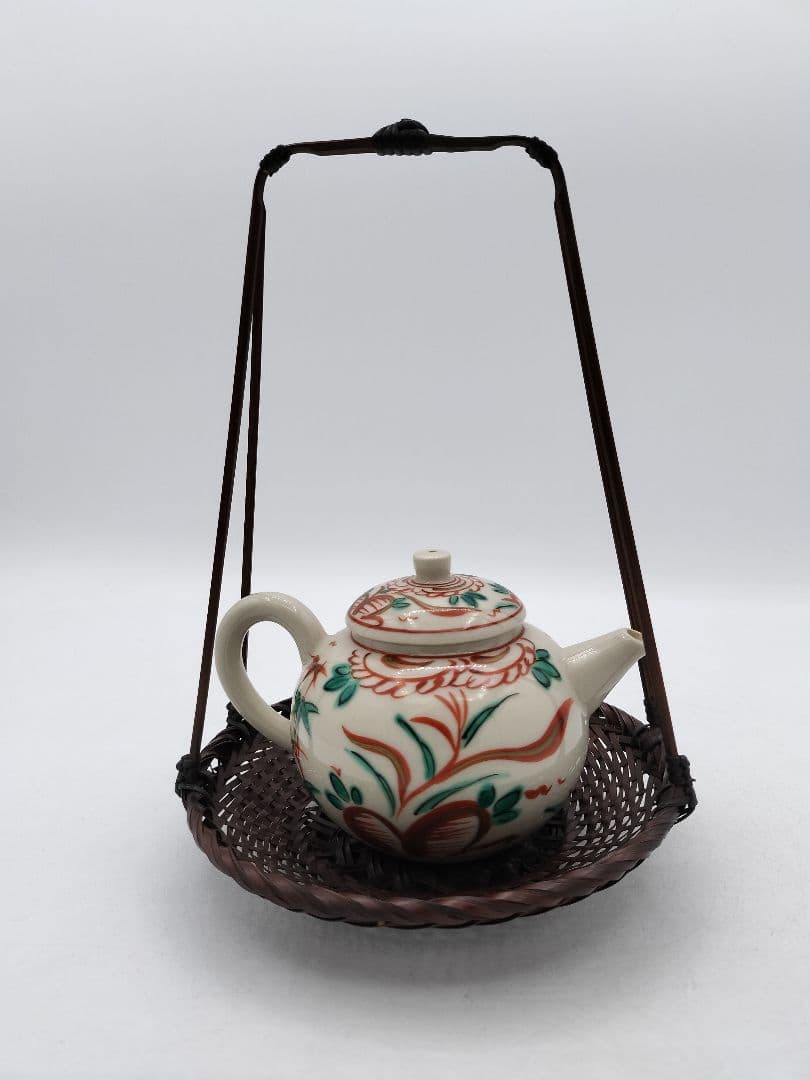 c793 煎茶　廻し篭セット 赤絵 後手急須 晃雲作 廻し籠　茶道具 古物