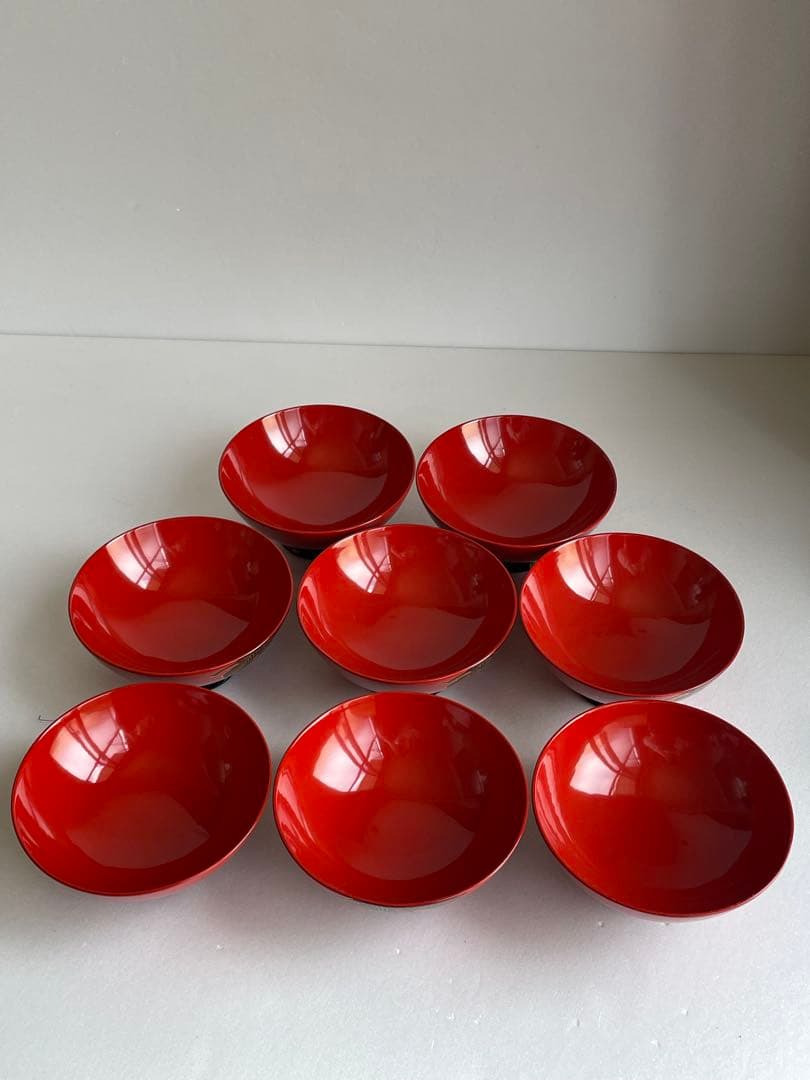 木製漆器　輪島塗　沈金蒔絵朱塗　吸物椀八客　木箱付　蓋付き椀　お椀