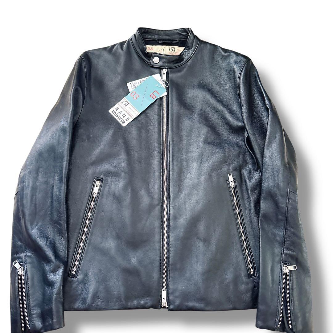未使用 ナノユニバース ラムレザー シングルライダースジャケット M ブラック