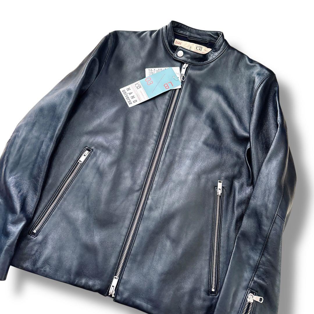 未使用 ナノユニバース ラムレザー シングルライダースジャケット M ブラック