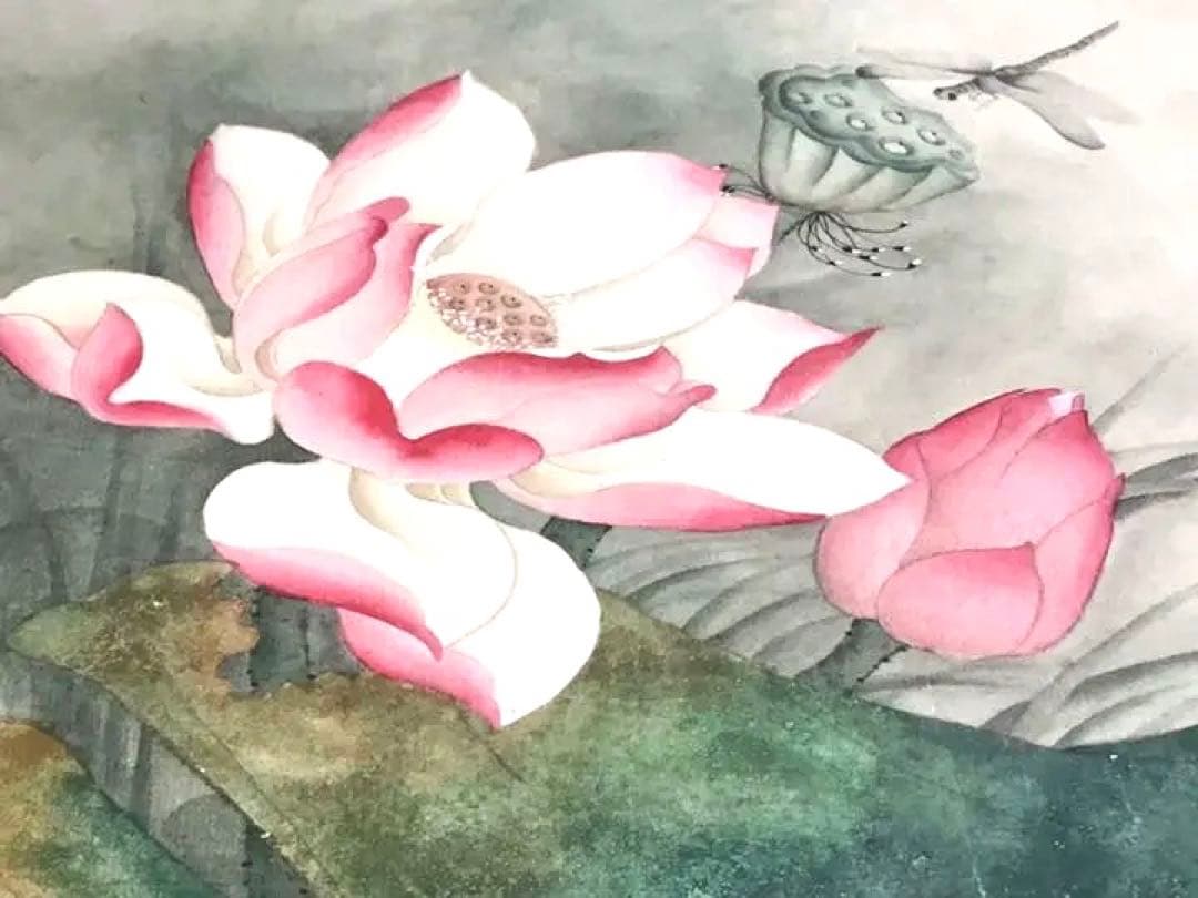 送料無料　手描き 原画 【荷花】落款　サイン有り