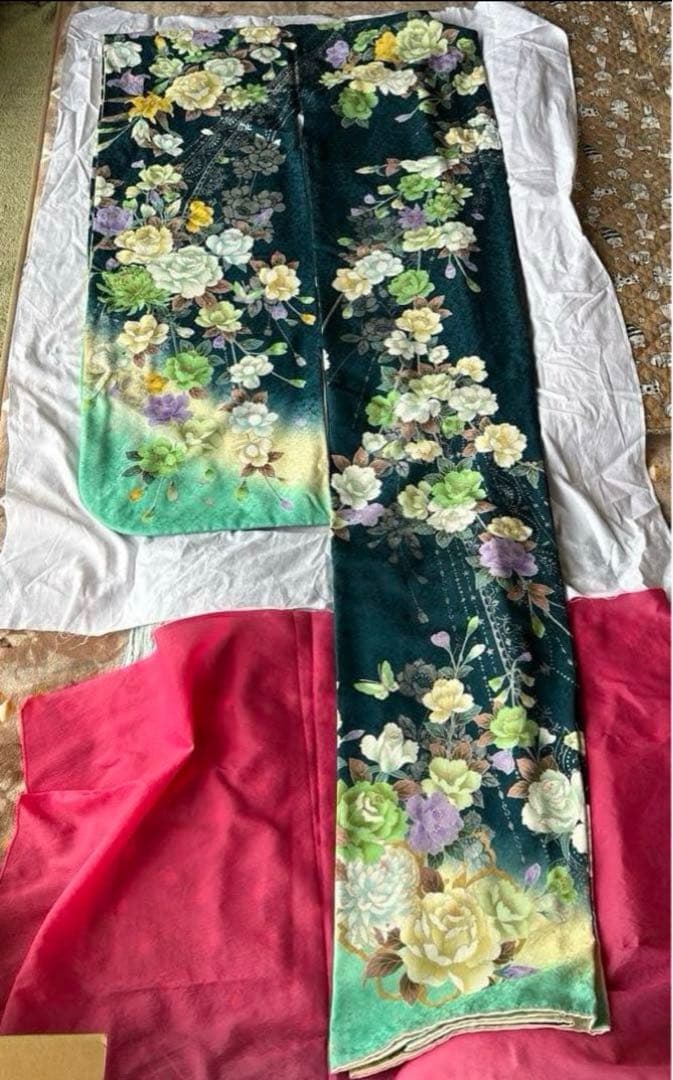 成人式　振袖　緑　青　エメラルドグリーン　クローバー　帯　フルセット