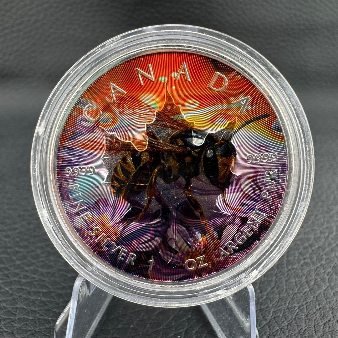 世界100枚限定！ メイプルリーフ 銀貨 カラー ミツバチ 動物と植物の自然融和