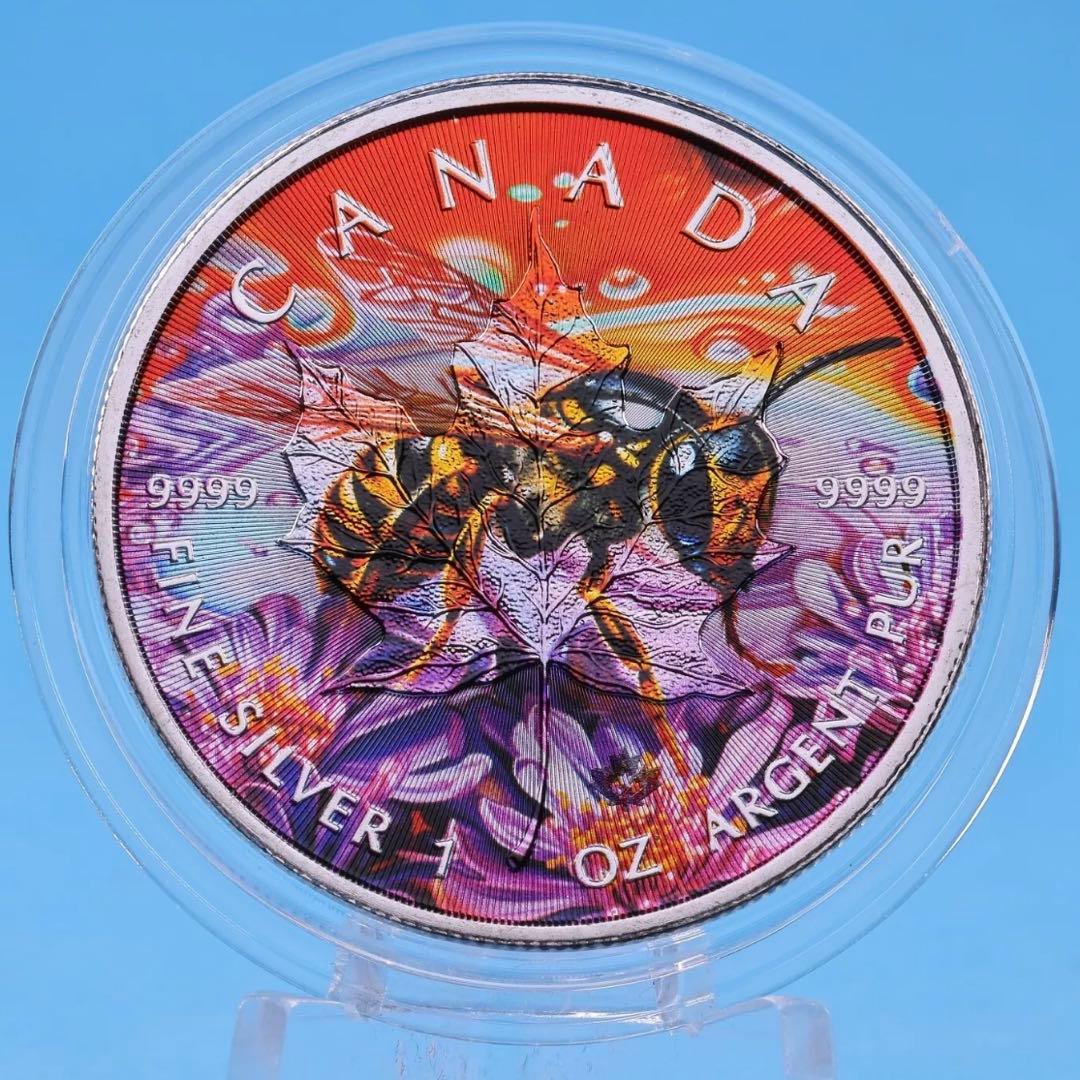 世界100枚限定！ メイプルリーフ 銀貨 カラー ミツバチ 動物と植物の自然融和