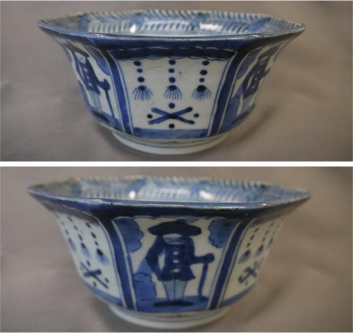 古伊万里　染付　八角鉢　深鉢　南蛮人と瓔珞文