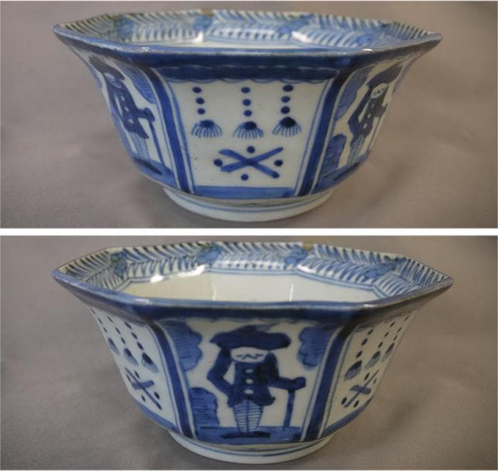 古伊万里　染付　八角鉢　深鉢　南蛮人と瓔珞文