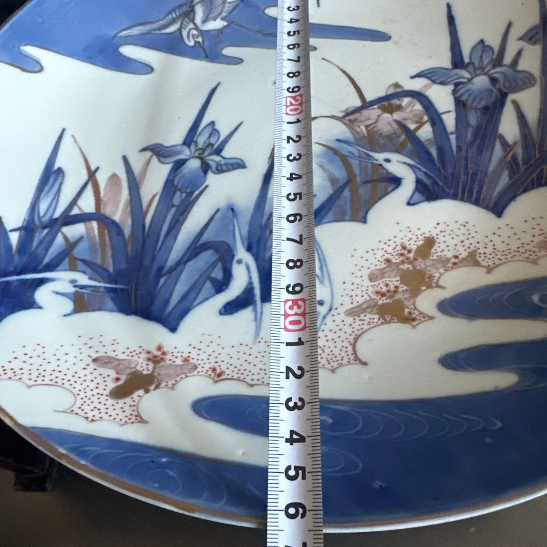 お値下げ❣️ヴィンテージ　大皿　青　　　白い鶴と花の陶器皿