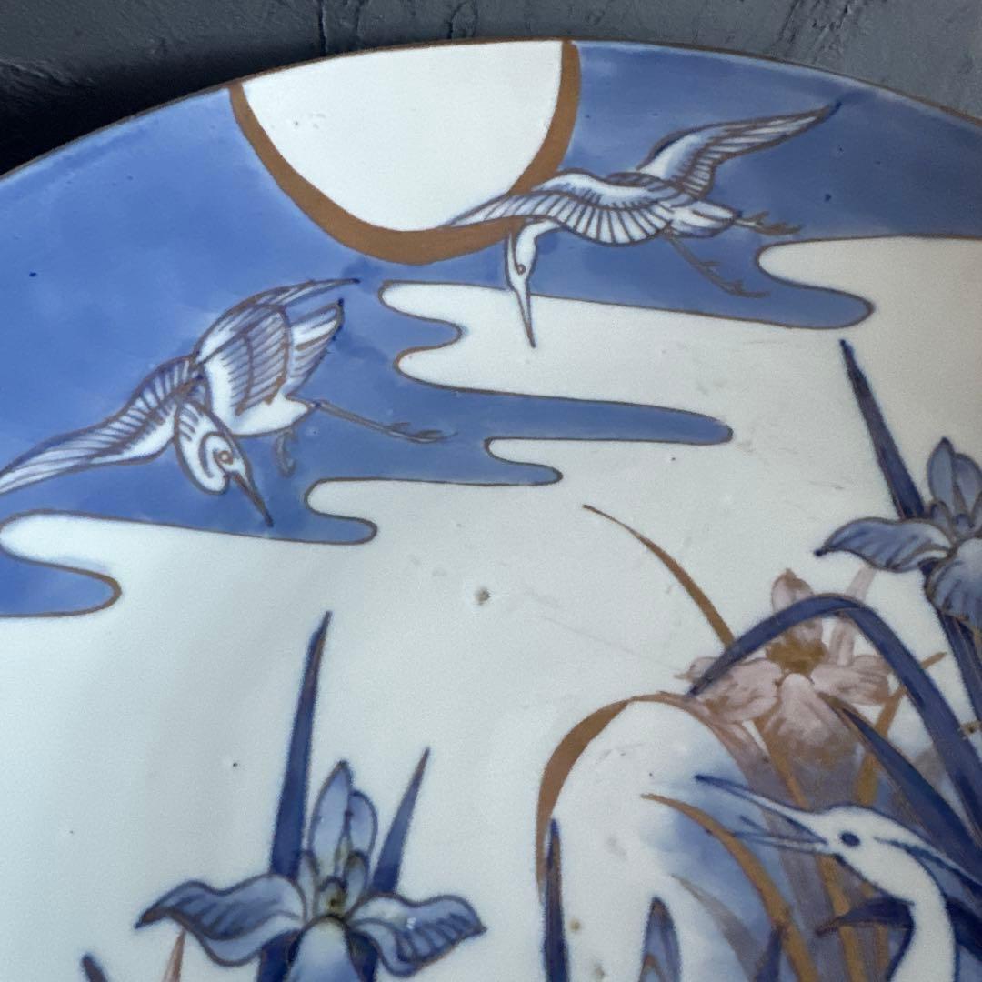 お値下げ❣️ヴィンテージ　大皿　青　　　白い鶴と花の陶器皿