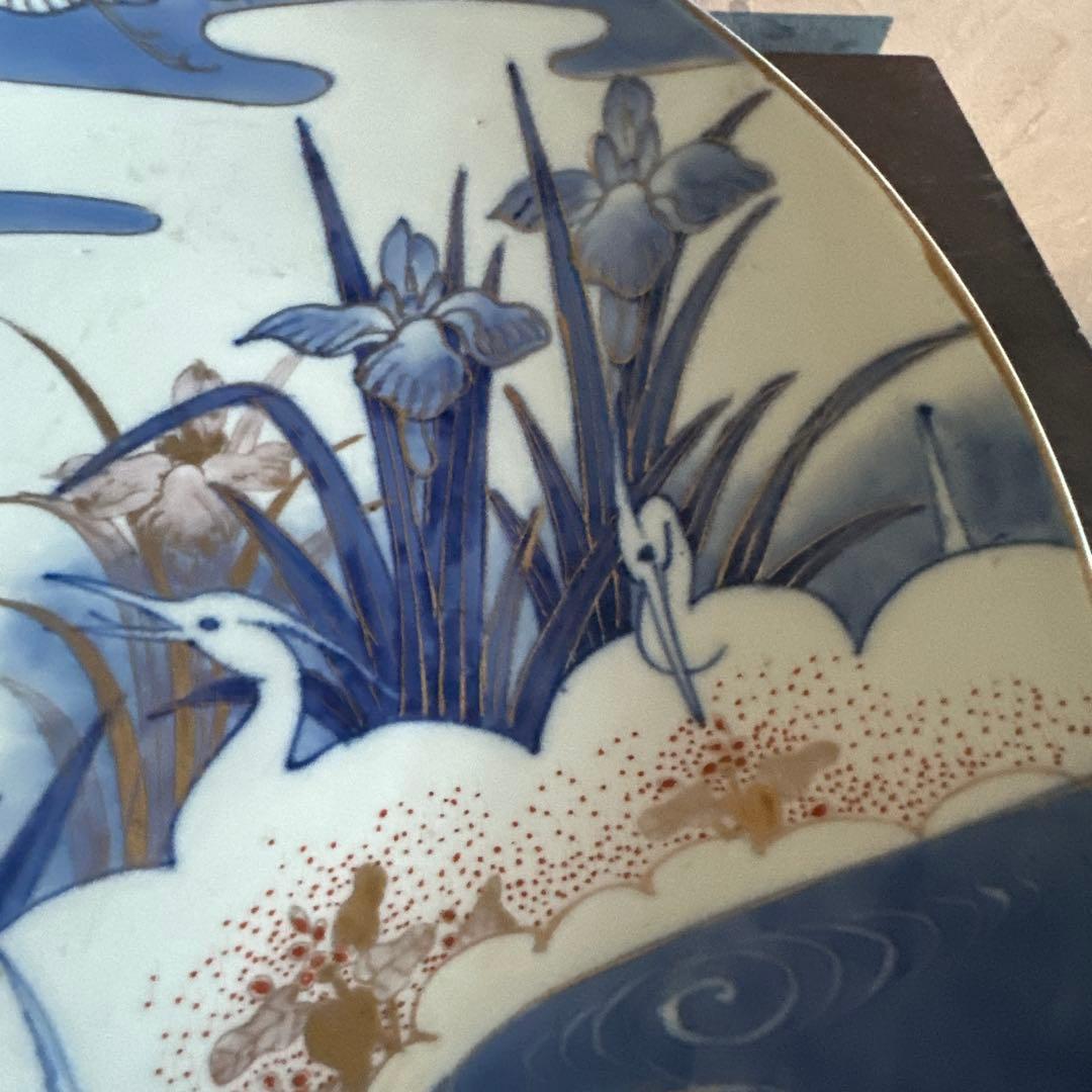 お値下げ❣️ヴィンテージ　大皿　青　　　白い鶴と花の陶器皿