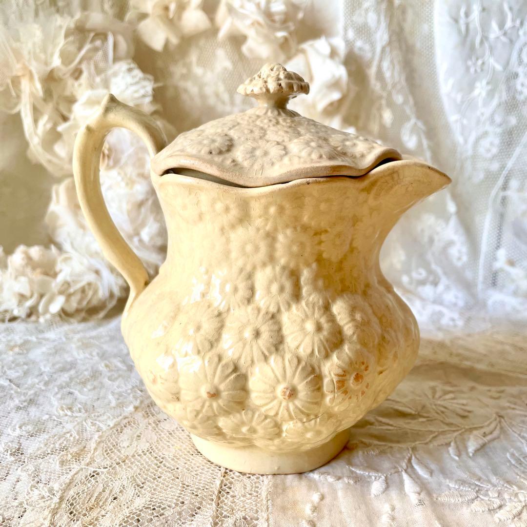 【希少】マーガレットレリーフ蓋付きピシェ ボルドー窯　フランスアンティーク