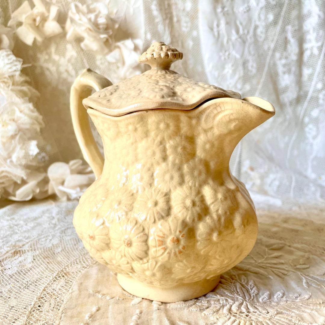 【希少】マーガレットレリーフ蓋付きピシェ ボルドー窯　フランスアンティーク