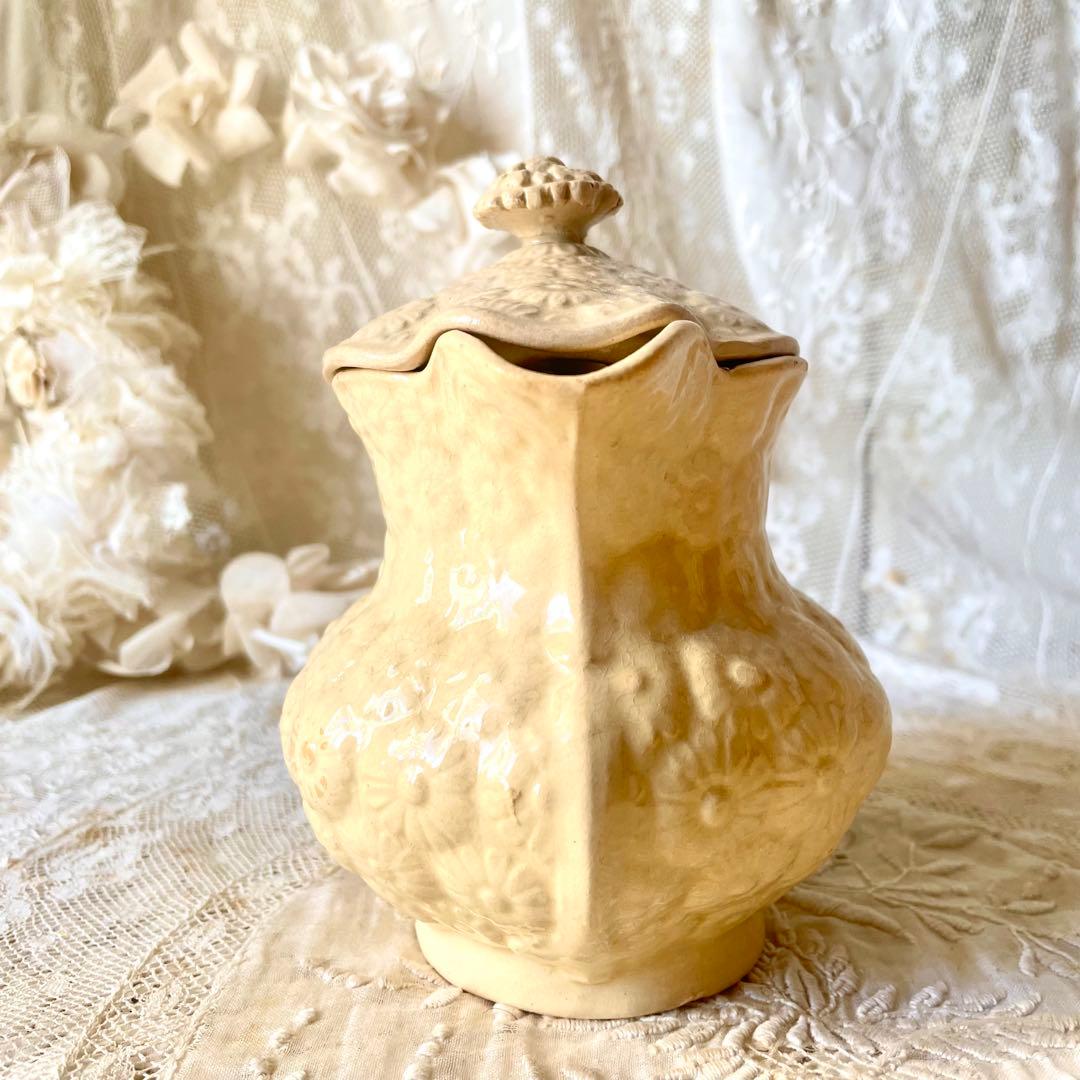 【希少】マーガレットレリーフ蓋付きピシェ ボルドー窯　フランスアンティーク