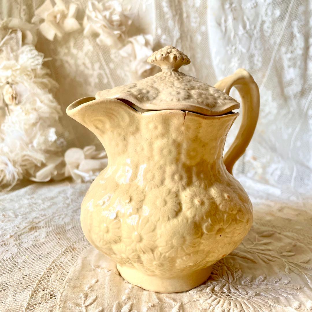 【希少】マーガレットレリーフ蓋付きピシェ ボルドー窯　フランスアンティーク