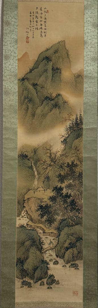 竹塘山人筆　絹本肉筆　青緑山水　共箱　掛軸　送料込み250902