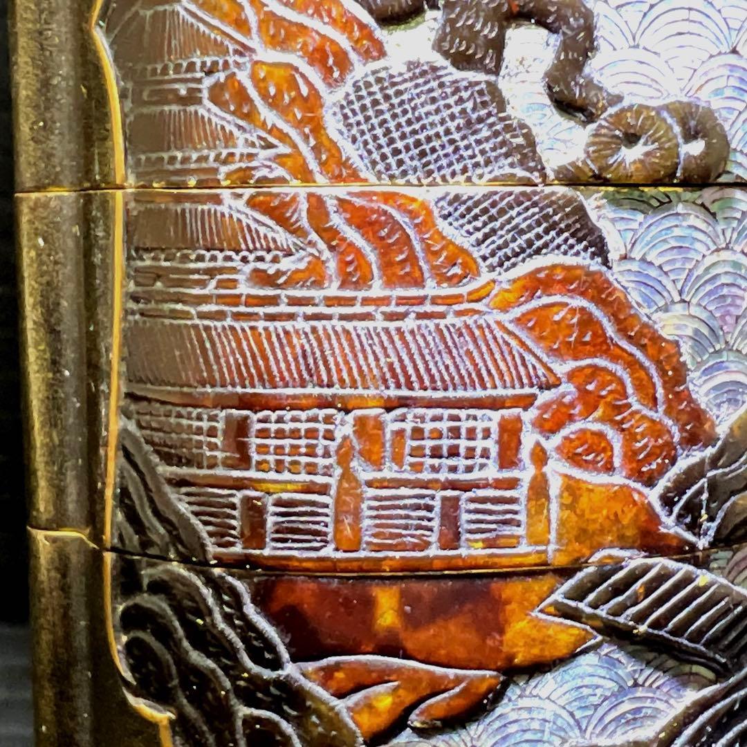 江戸時代　本鼈甲螺鈿象嵌五段印籠　61g 東Y7-1016☆2Fトルニ