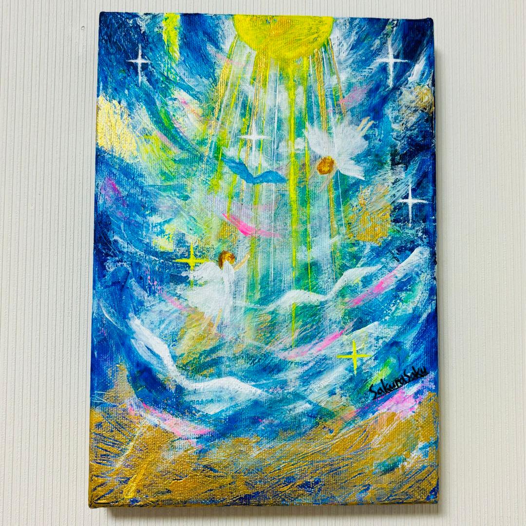 【降り注ぐ金色の光】,天使,angel,空,青空,光,ブルー,青,青い鳥,抽象画