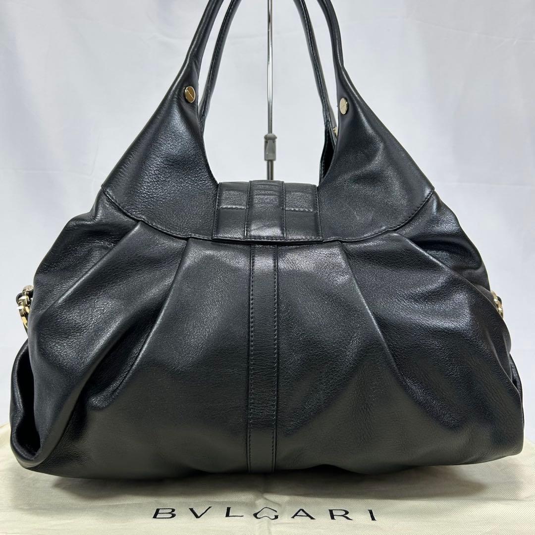 【極美品/保存袋付】ブルガリ チャンドラ ハンドバッグ レザー サークルロゴ 黒