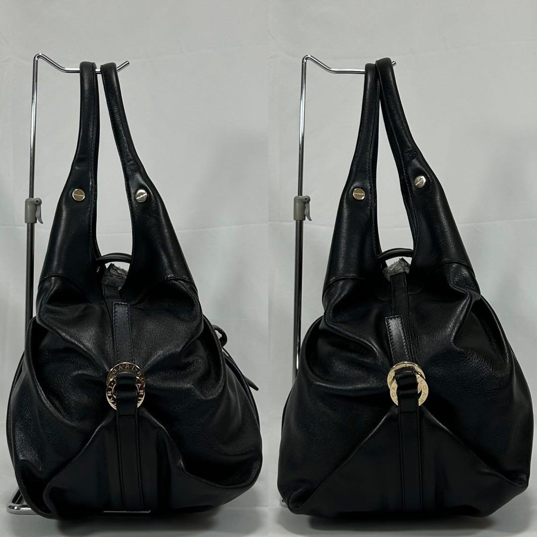 【極美品/保存袋付】ブルガリ チャンドラ ハンドバッグ レザー サークルロゴ 黒