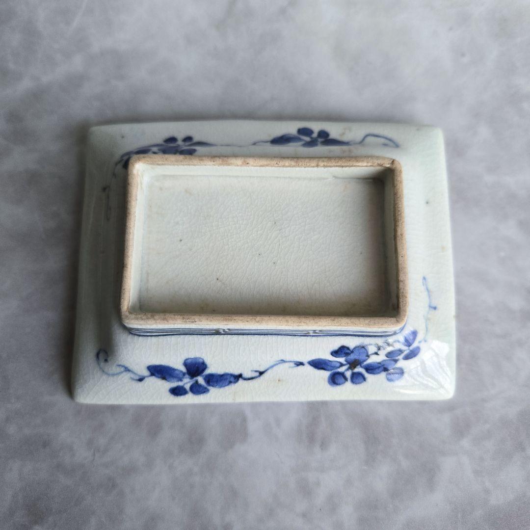 古伊万里　藍九谷　染付　蔓草四角小皿　江戸　骨董　参考品　金継ぎ　練習用　金直し