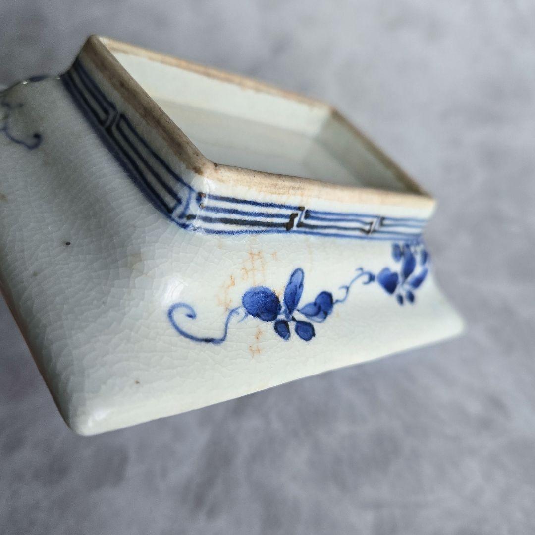 古伊万里　藍九谷　染付　蔓草四角小皿　江戸　骨董　参考品　金継ぎ　練習用　金直し