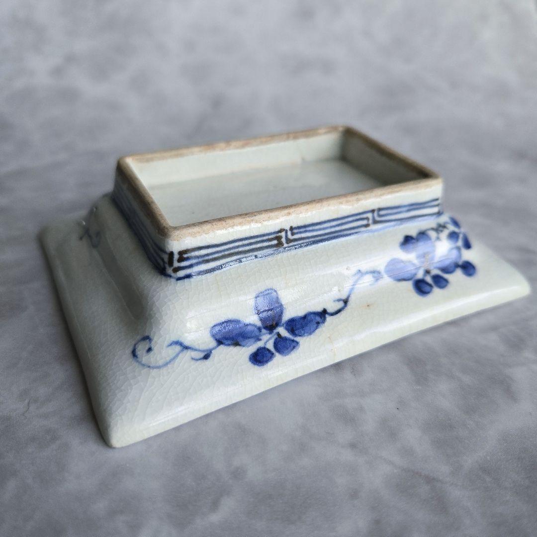 古伊万里　藍九谷　染付　蔓草四角小皿　江戸　骨董　参考品　金継ぎ　練習用　金直し