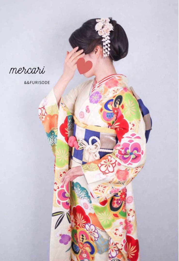 松竹梅　クリーム　振袖　成人式　フルセット