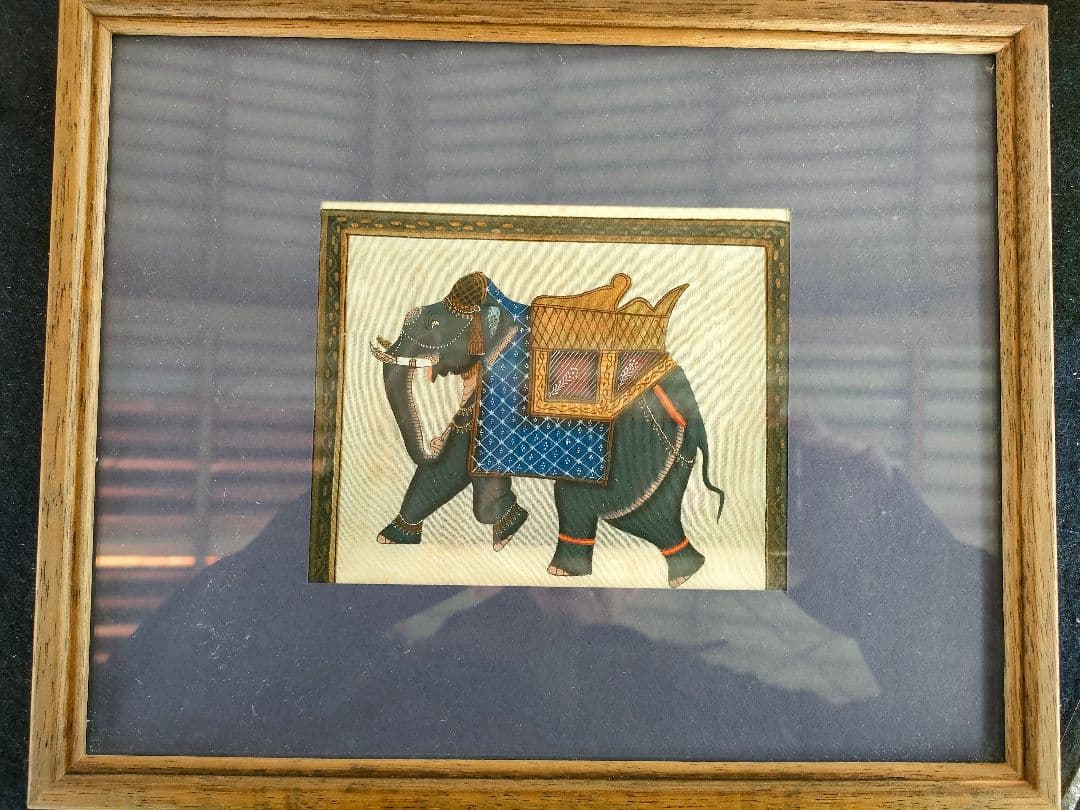 ●インド手描き 細密画 象と馬セット 額装／伝統ラージャスターン画