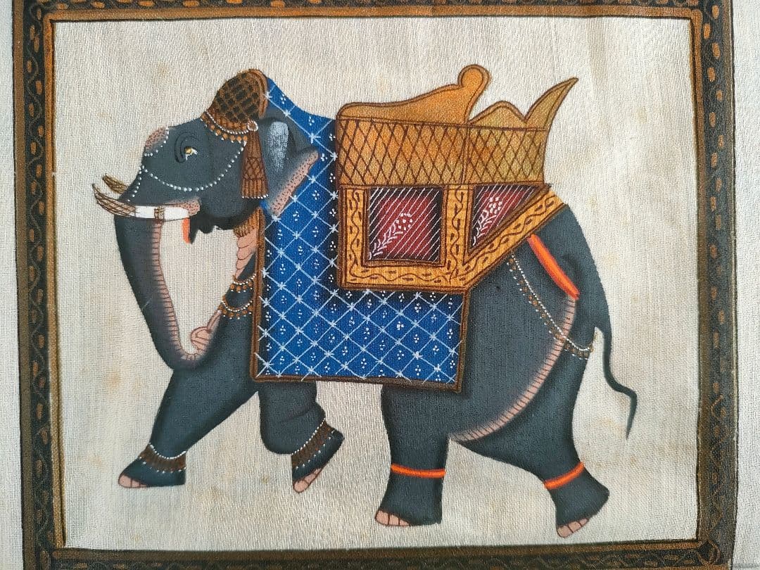 ●インド手描き 細密画 象と馬セット 額装／伝統ラージャスターン画