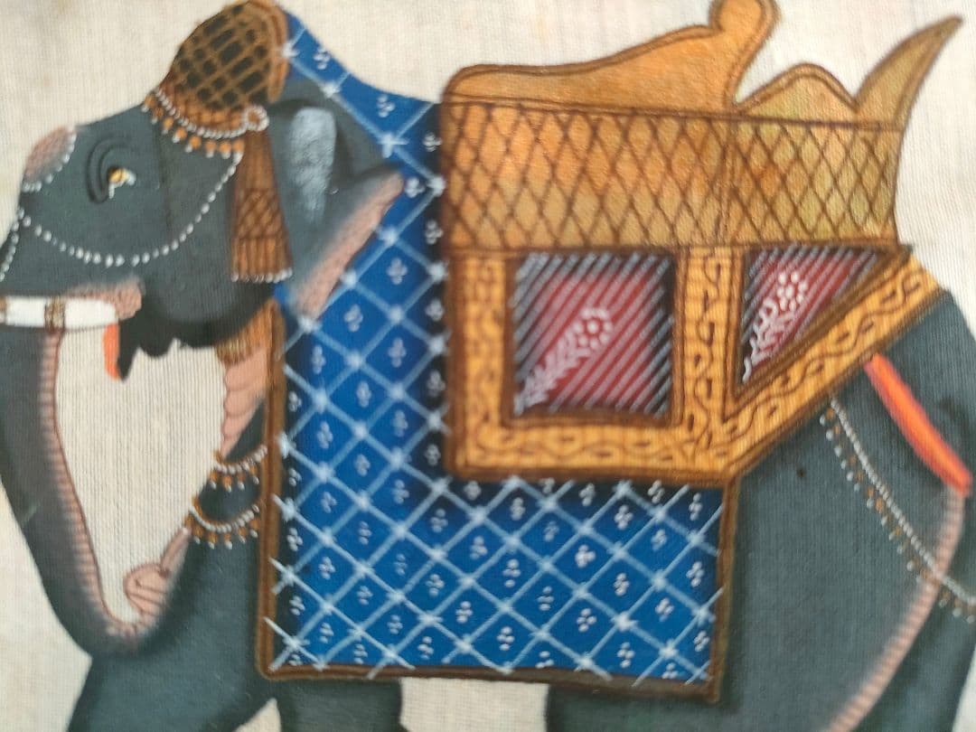 ●インド手描き 細密画 象と馬セット 額装／伝統ラージャスターン画