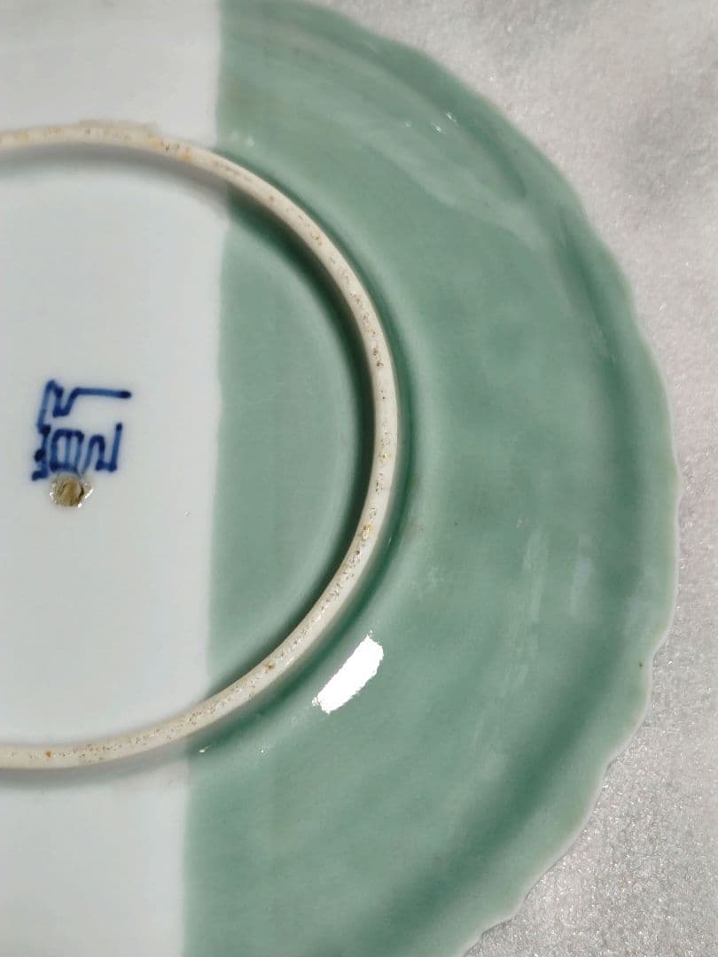 古伊万里　青磁　染付　風景皿　中皿　骨董　輪花形