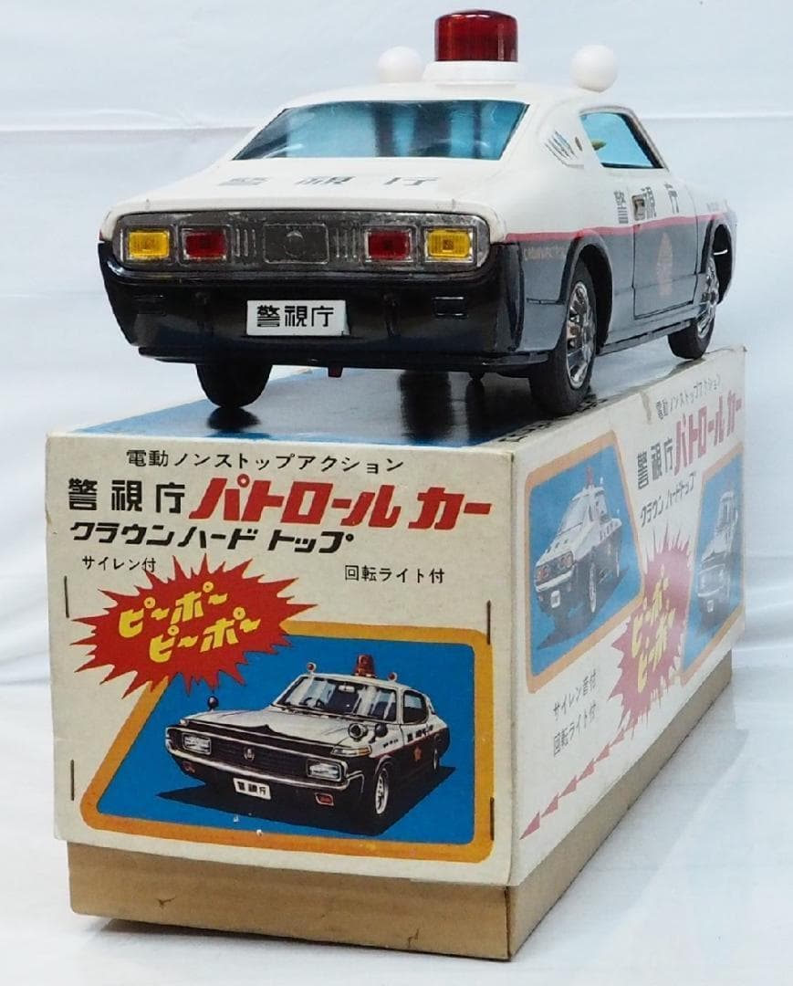 アオシン トヨタ クラウンHT SLパトカー電動走行tinブリキtoy箱付car